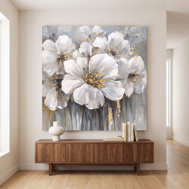 Field Of White Floral Square Canvas Art in a contemporary hallway