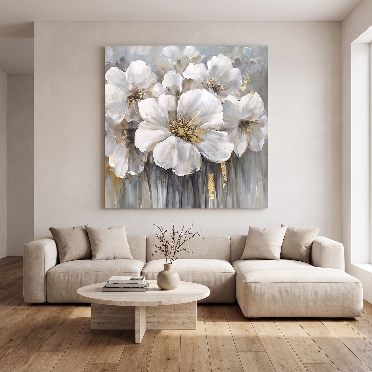 Field Of White Floral Square Canvas Art in a modern living room