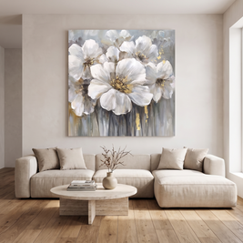 Field Of White Floral Square Canvas Art in a modern living room
