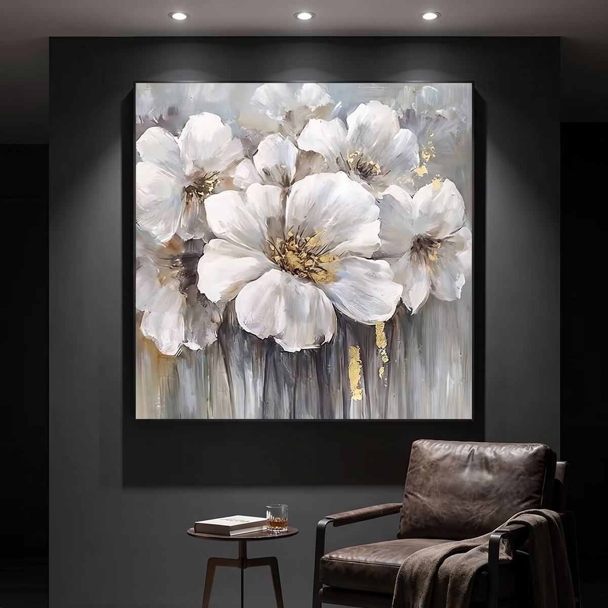 Field Of White Floral Square Canvas Art lit in a modern lounge