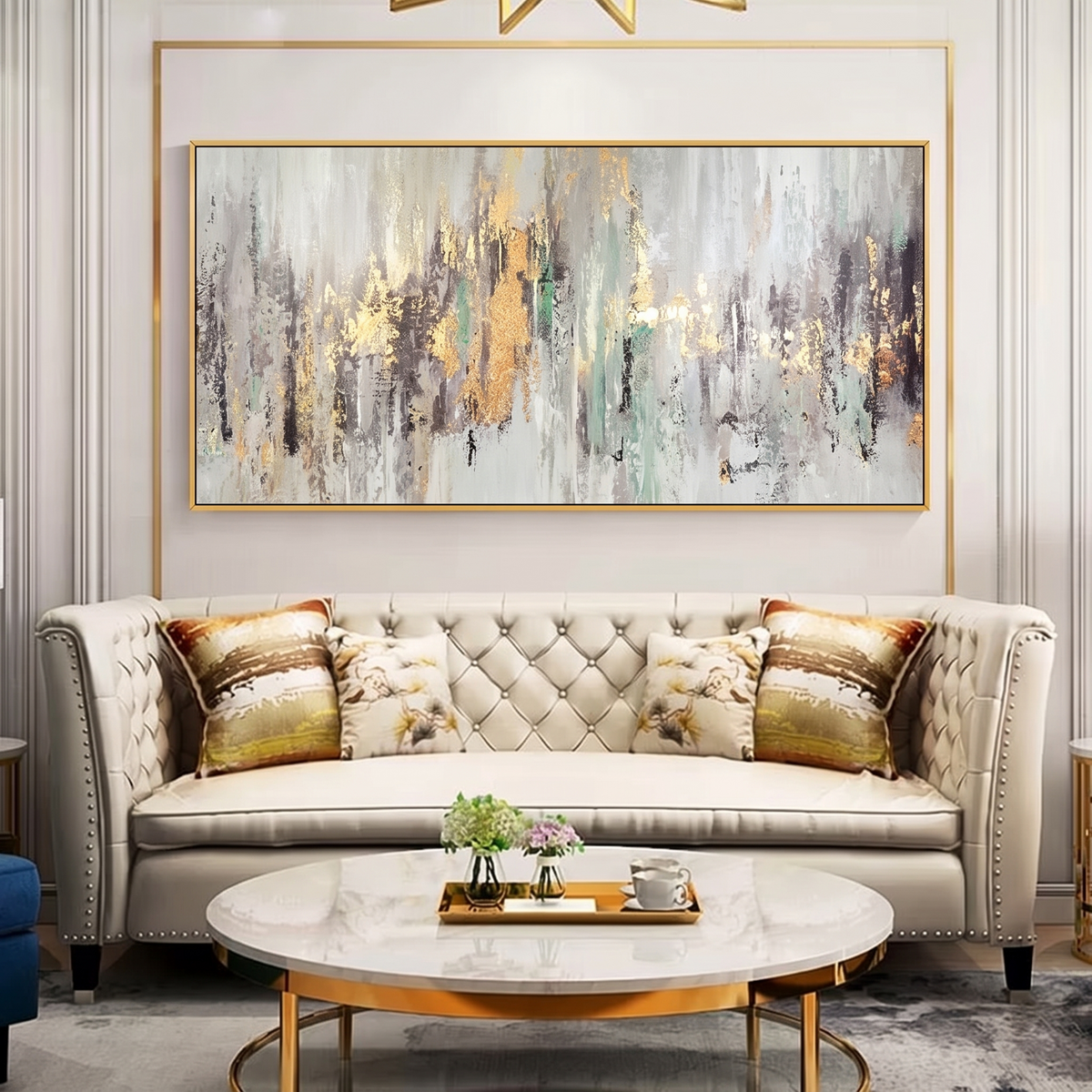 Golden Rainfall Abstract Gold Leaf Canvas Wall Art, artwork detail