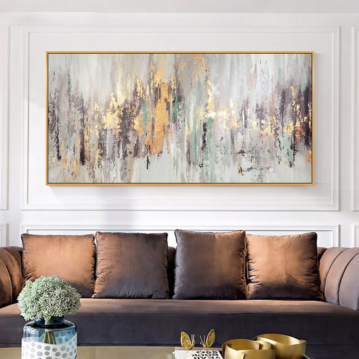 Golden Rainfall Abstract Gold Leaf Canvas Wall Art, texture close-up