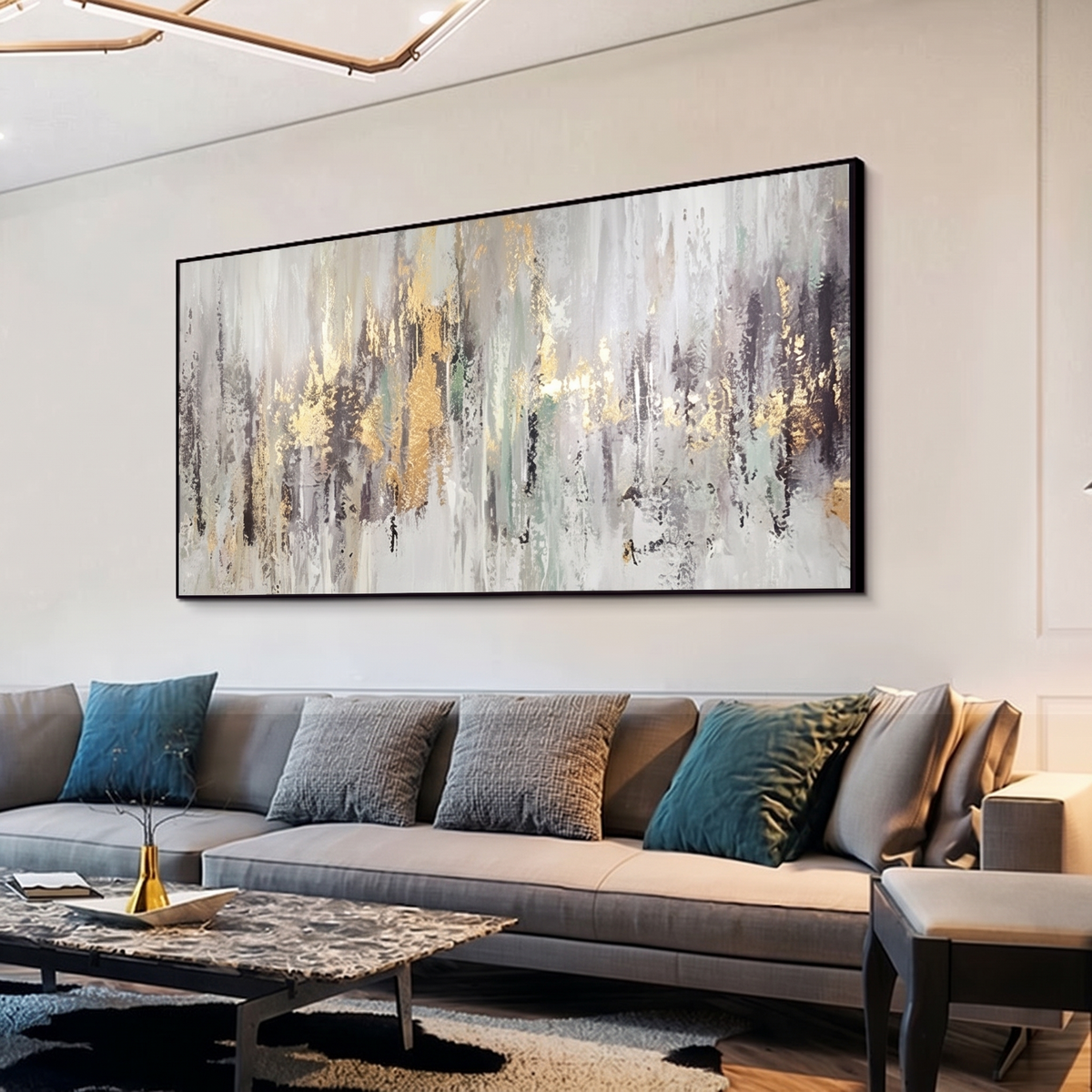 Golden Rainfall Abstract Gold Leaf Canvas Wall Art, full view