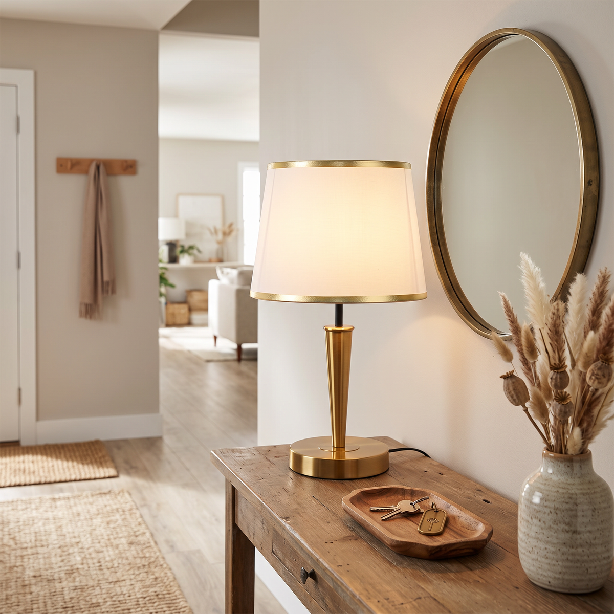 Nordic Brass Table Lamp on an entryway console table