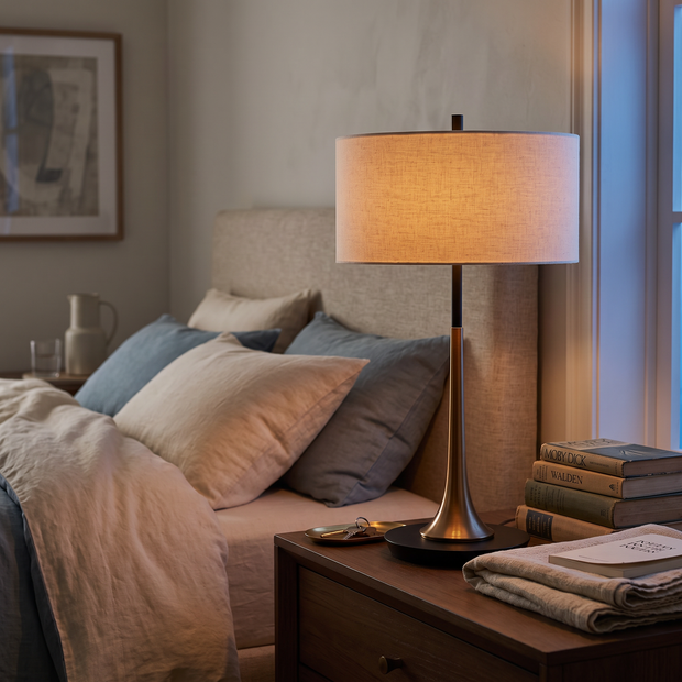 Bronze Teardrop Table Lamp on a bedroom nightstand