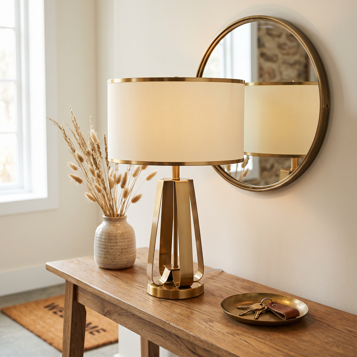 Golden Geometric Table Lamp on an entryway console table