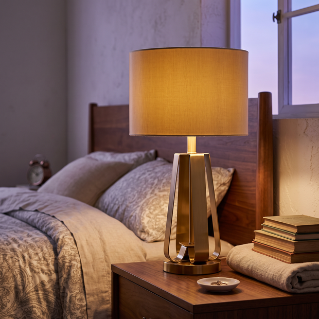 Golden Geometric Table Lamp on a bedroom nightstand