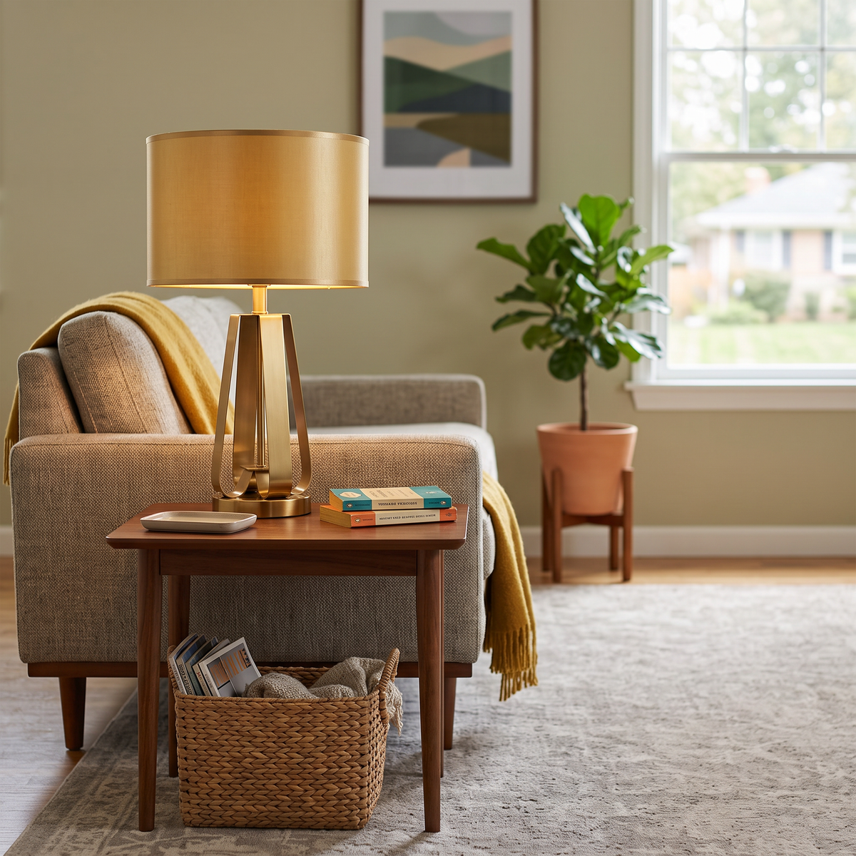 Golden Geometric Table Lamp on a living room side table