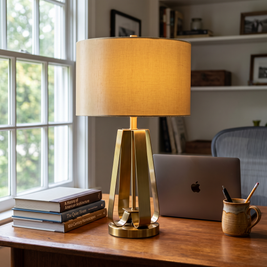Golden Geometric Table Lamp on a home office desk