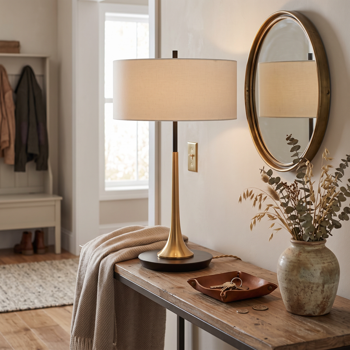 Bronze Teardrop Table Lamp on an entryway console table