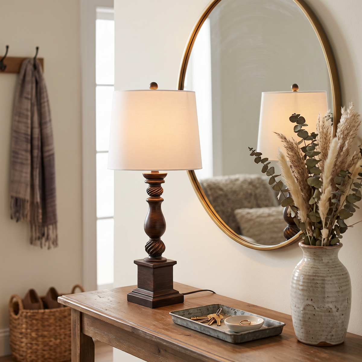 Rustic Bronze Resin Table Lamp on an entryway console table