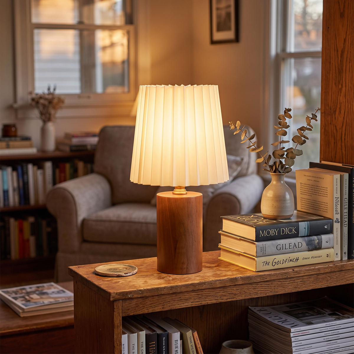 Wood Column Table Lamp on a bookshelf ledge