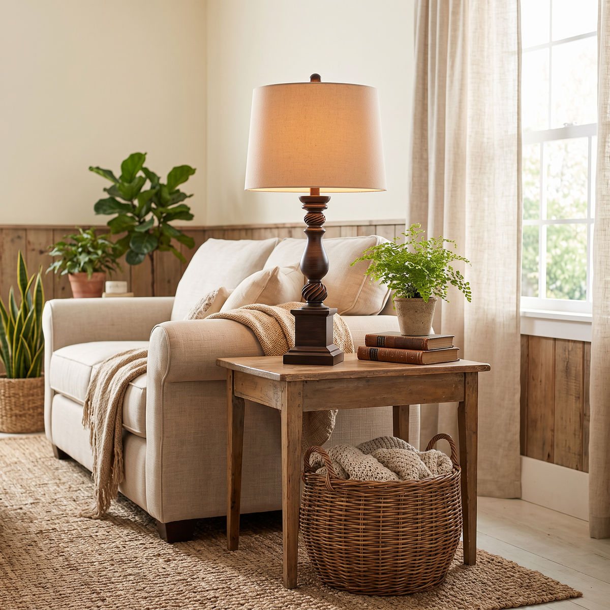 Rustic Bronze Resin Table Lamp on a living room side table
