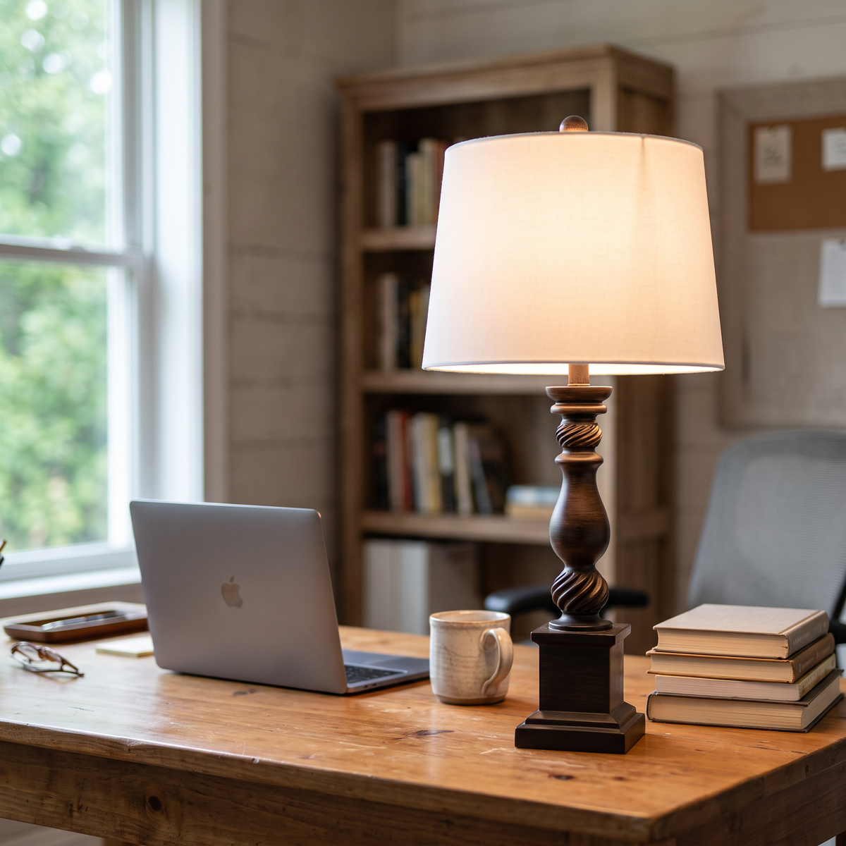 Rustic Bronze Resin Table Lamp on a home office desk