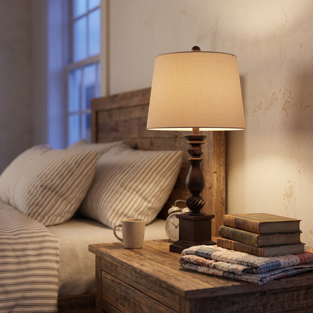 Rustic Bronze Resin Table Lamp on a bedroom nightstand