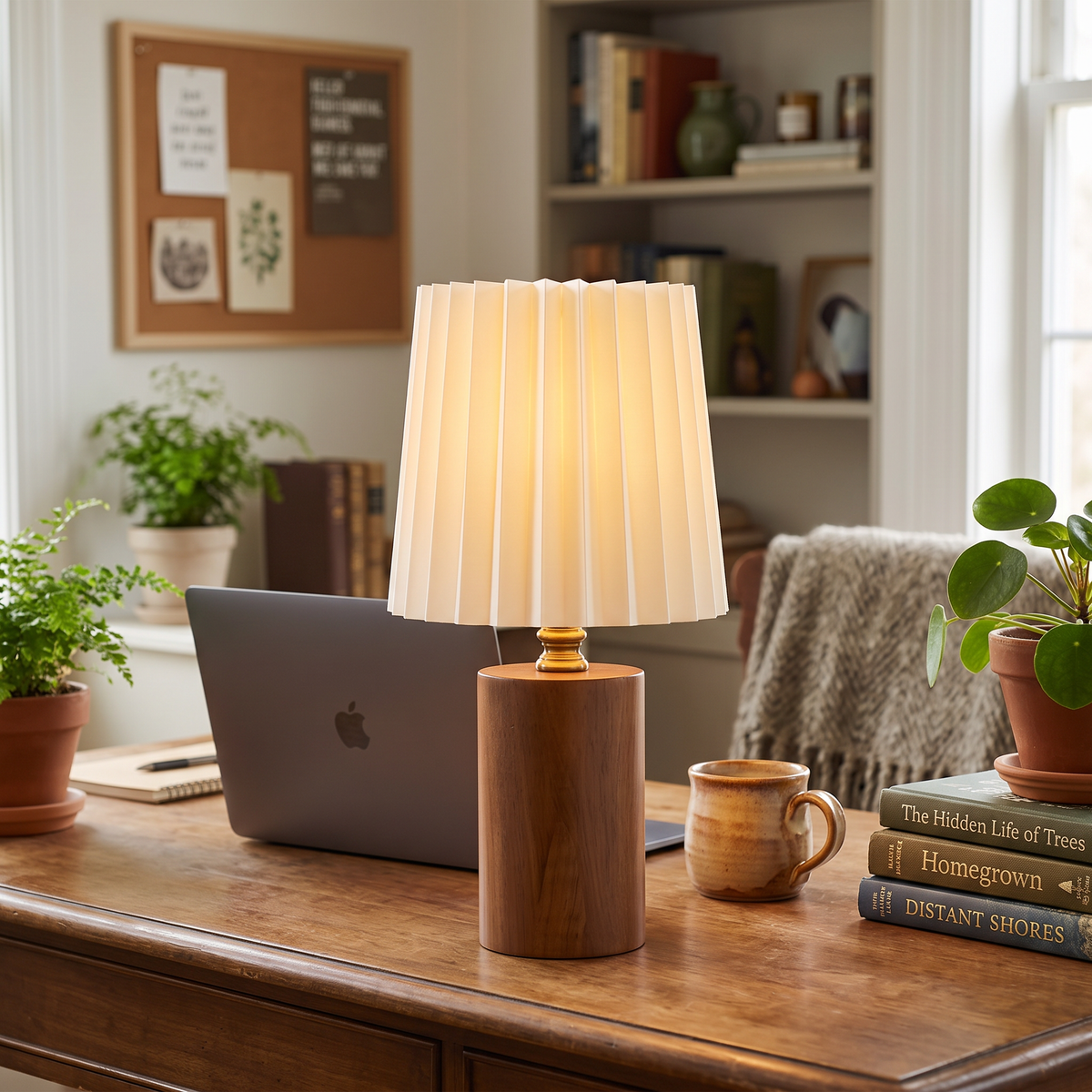 Wood Column Table Lamp on a home office desk
