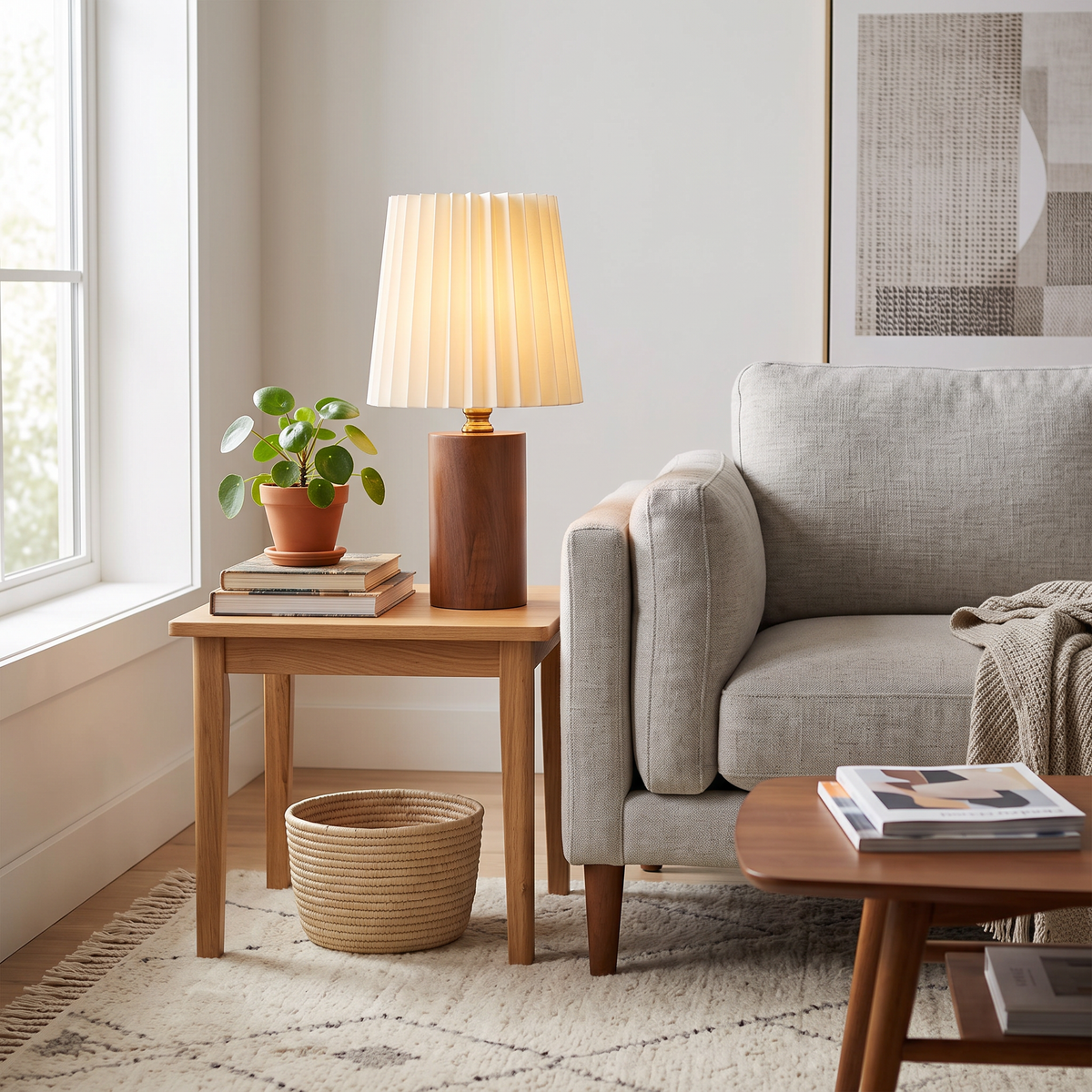 Wood Column Table Lamp on a living room side table