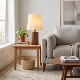 Wood Column Table Lamp on a living room side table