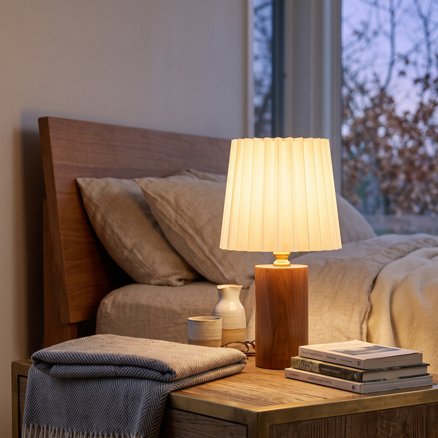 Wood Column Table Lamp on a bedroom nightstand