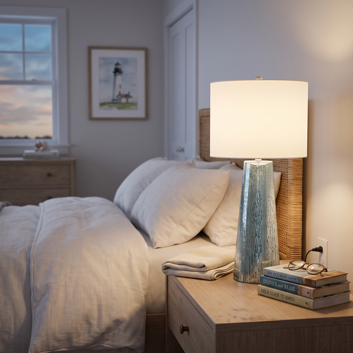Modern Coastal Table Lamp on a bedroom nightstand