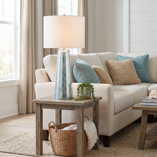 Modern Coastal Table Lamp on a living room side table