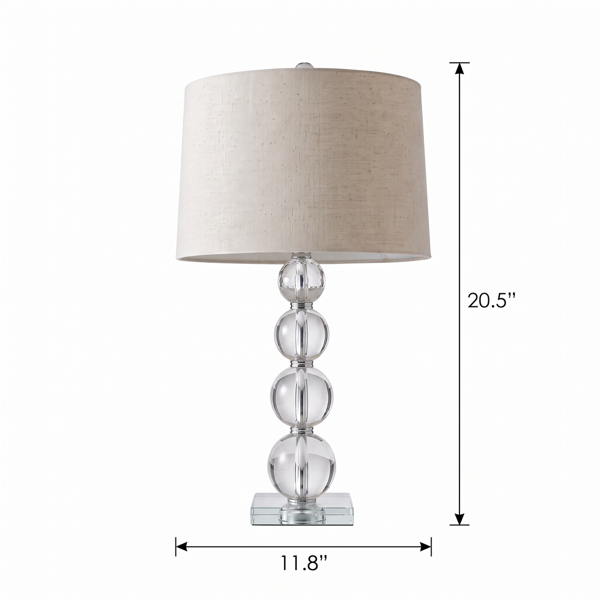 Crystal Ball Table Lamp dimensions, 11.8 in wide by 20.5 in high, on white background