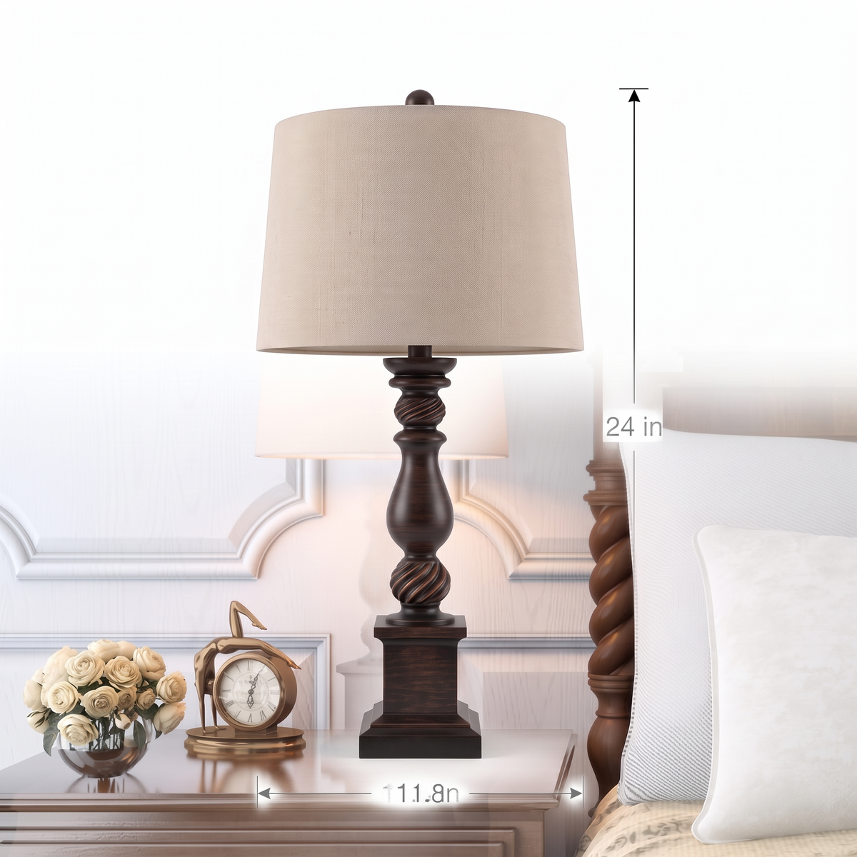 Rustic Bronze Resin Table Lamp dimensions, 11.8 in wide by 24.0 in high, on white background