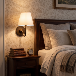 Luvora Fabric Drum Wall Sconce above a bedroom nightstand