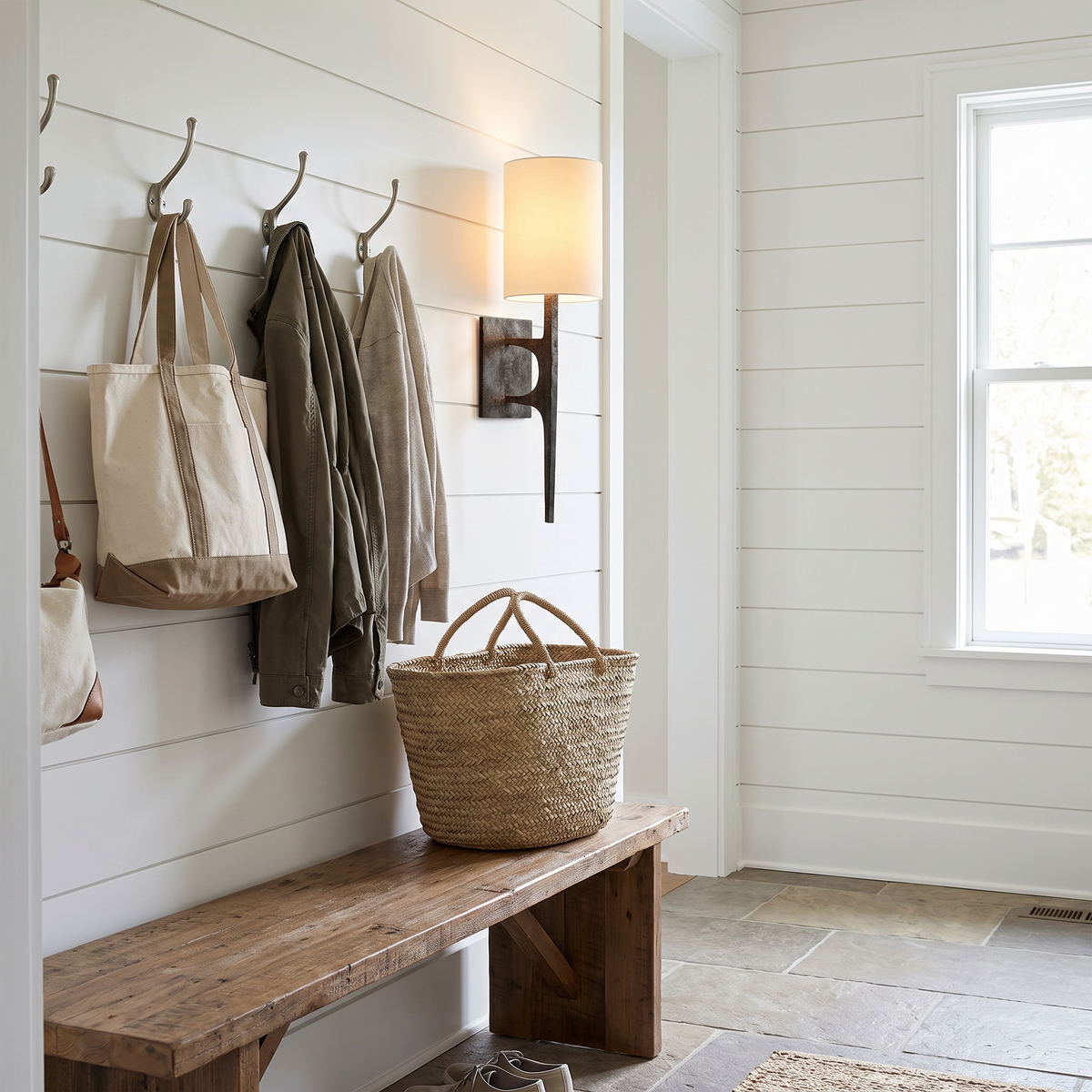 Mavora Hammered Metal Wall Light in a mudroom