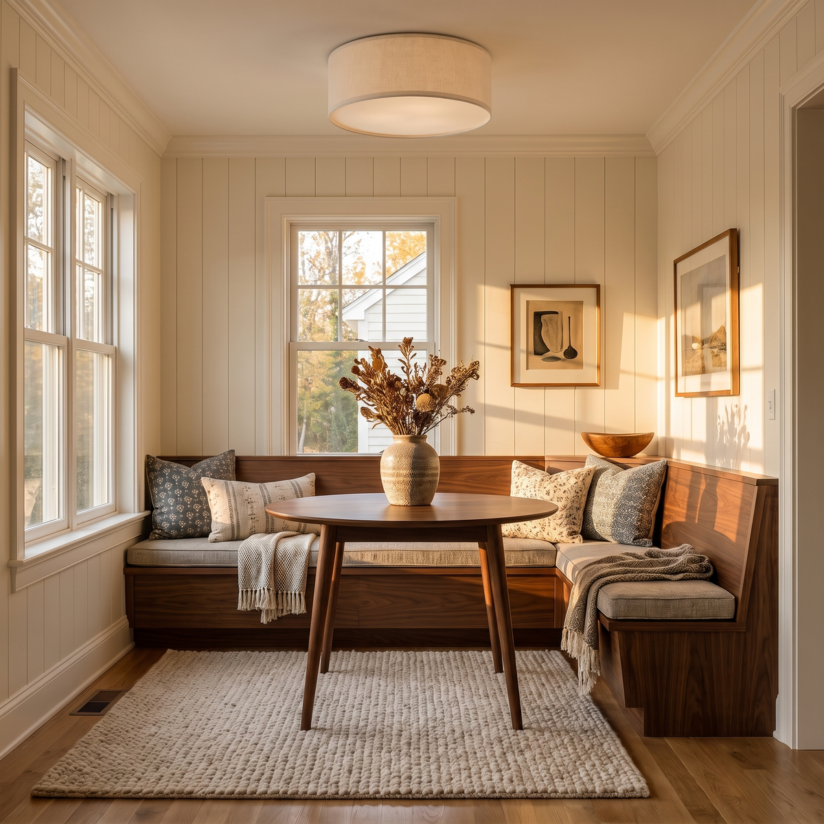 Dumora Linen Drum Flush Mount Light above a dining nook
