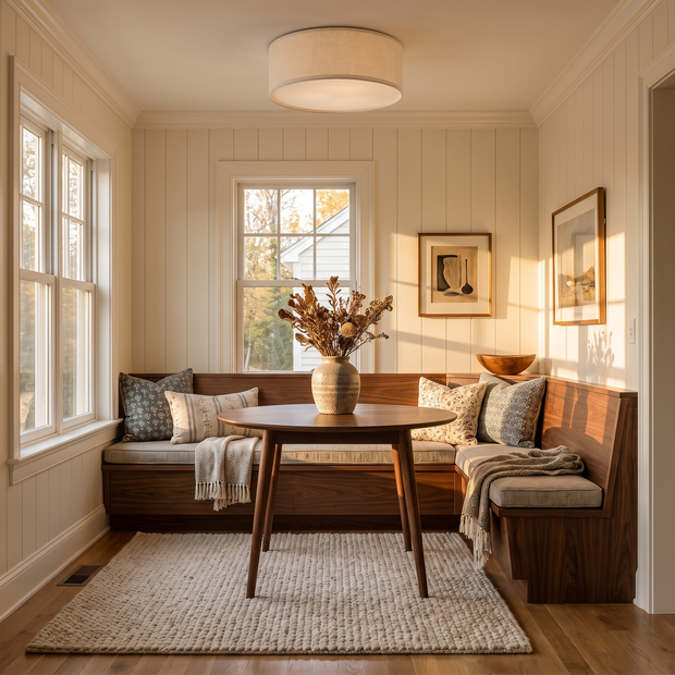 Dumora Linen Drum Flush Mount Light above a dining nook