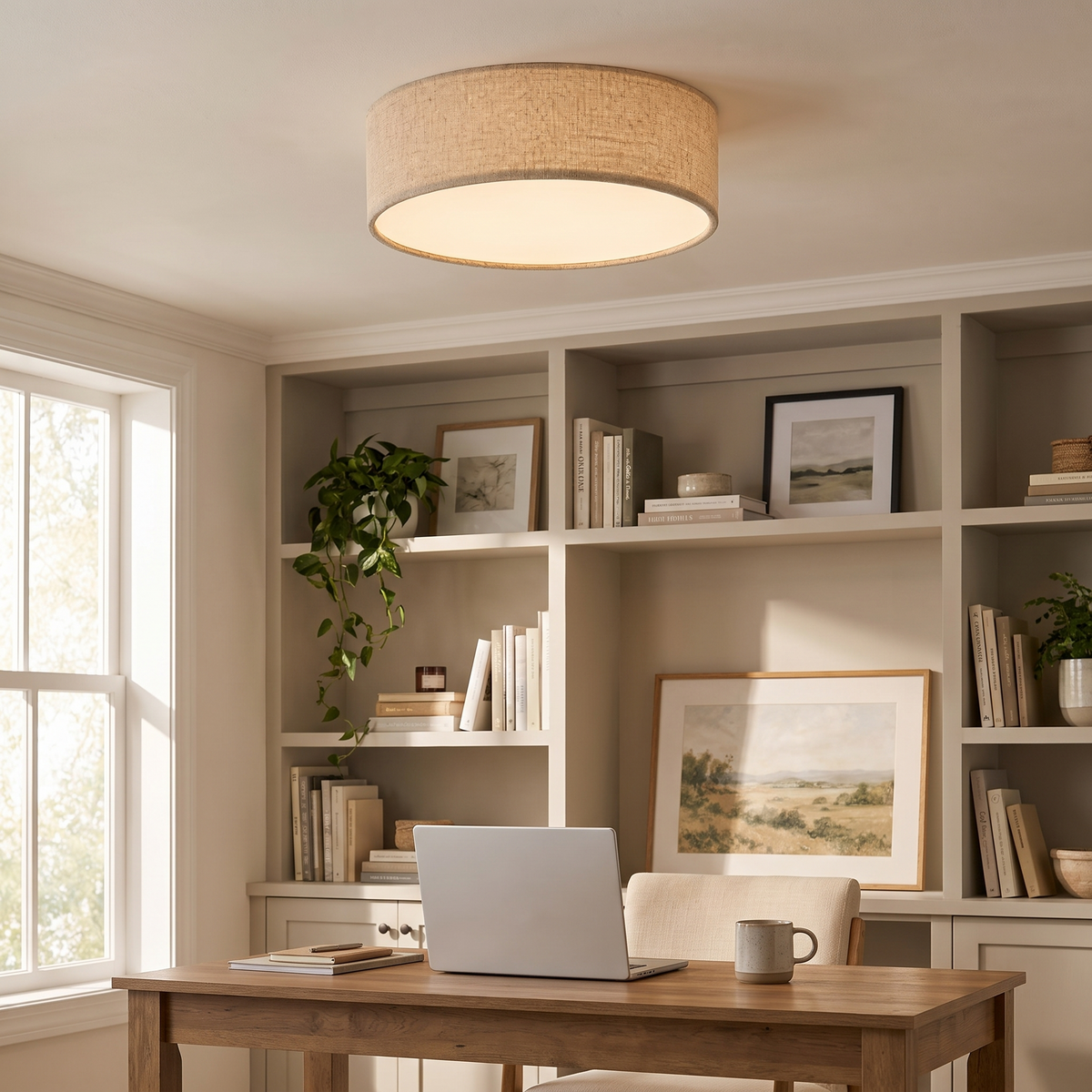 Dumora Linen Drum Flush Mount Light in a home office