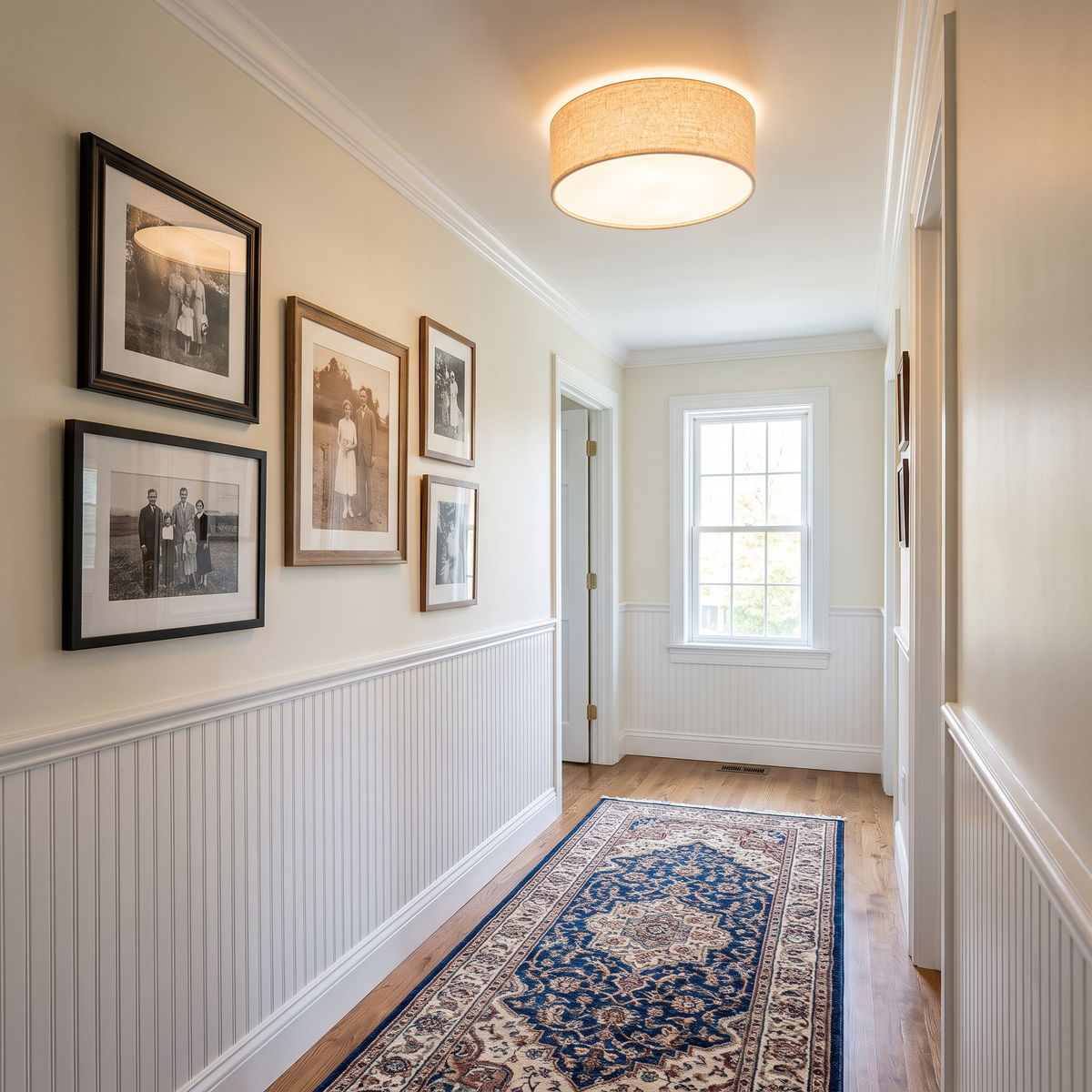 Dumora Linen Drum Flush Mount Light in a hallway