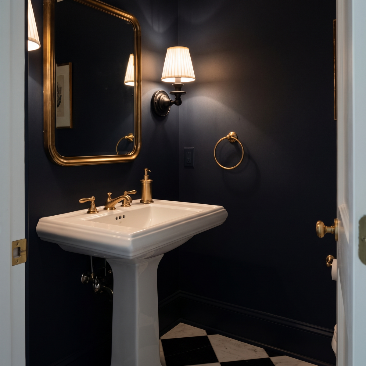 Rowan black and white pleated shade sconce in a powder room