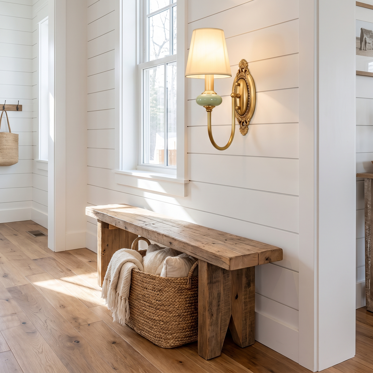 Rowan Ceramic Fabric Shade Sconce in an entryway