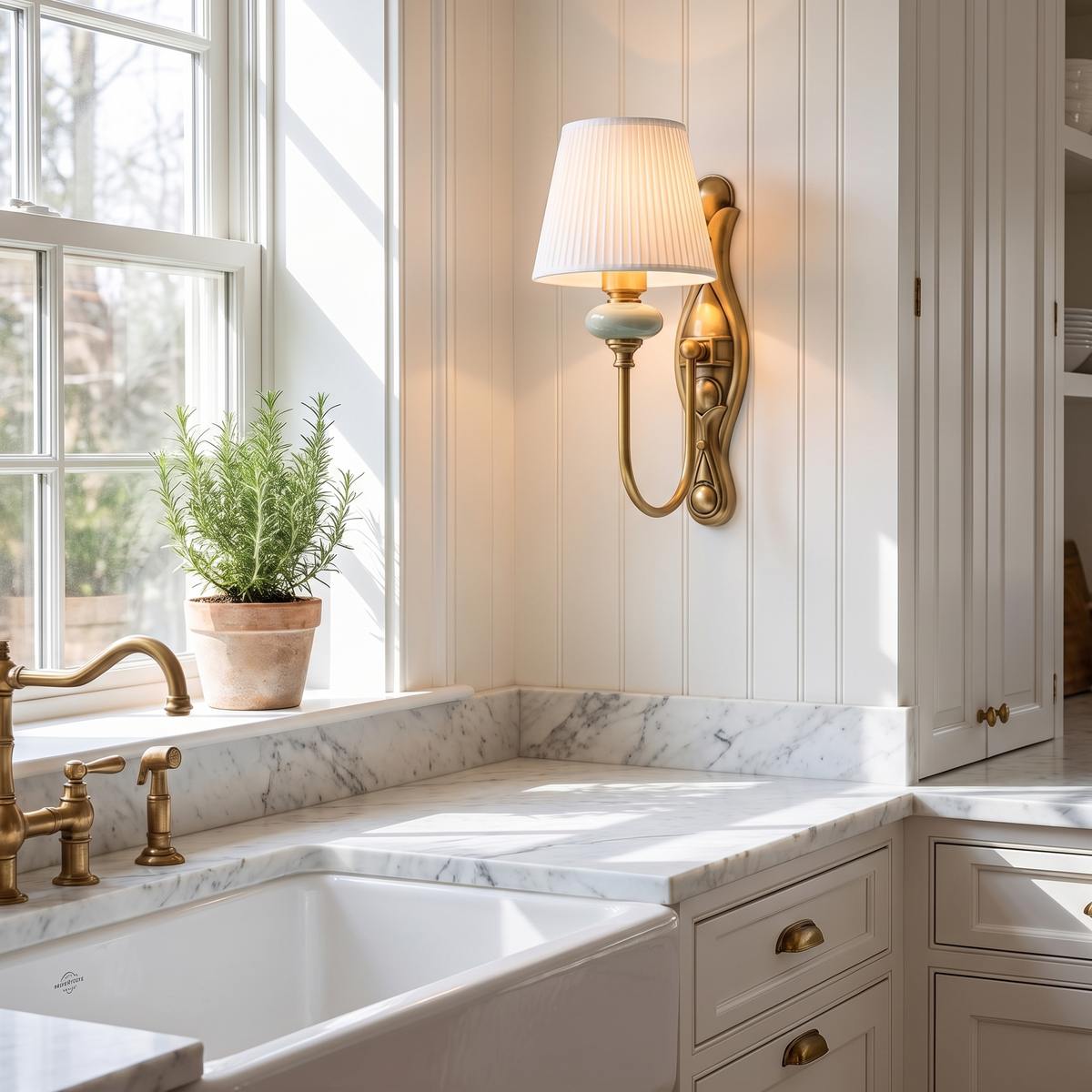 Rowan Ceramic Fabric Shade Sconce above a kitchen sink