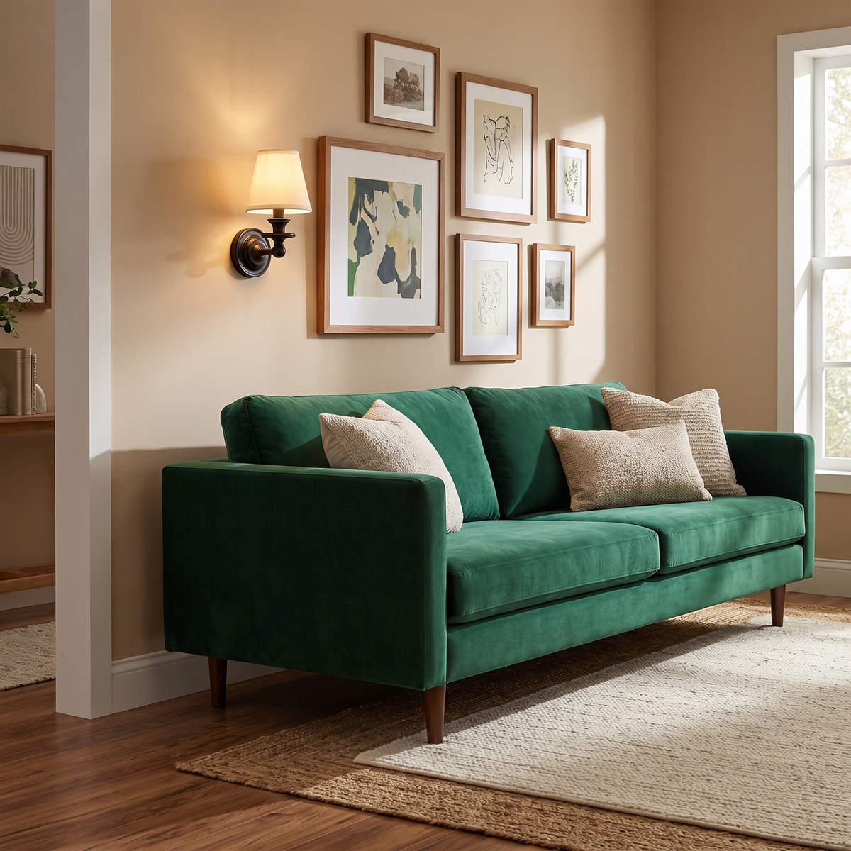 Rowan Drum Shade Wall Sconce on a living room gallery wall