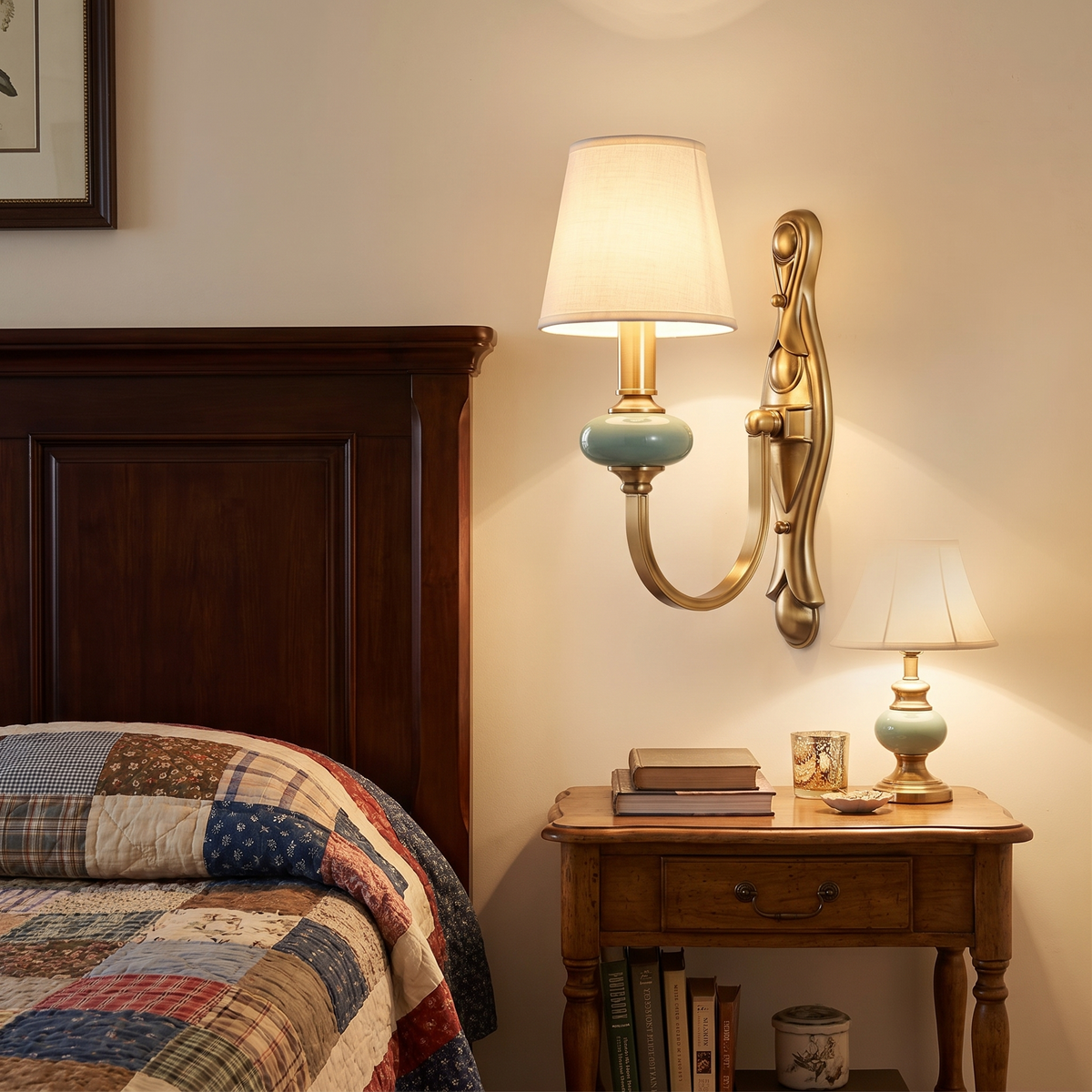 Rowan Ceramic Fabric Shade Sconce beside a bedroom headboard
