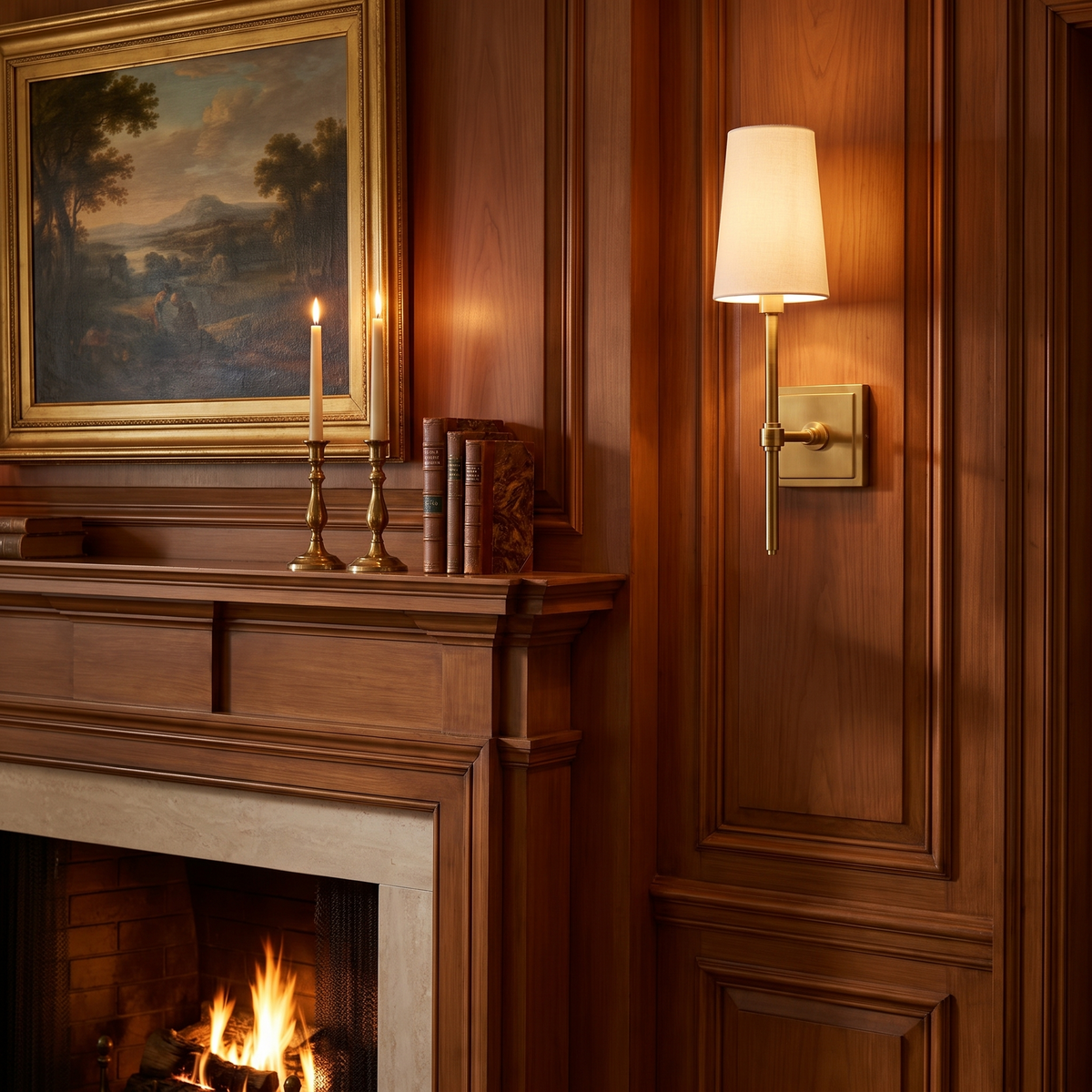 Rowan Linen Shade Brass Wall Lamp beside a fireplace mantel