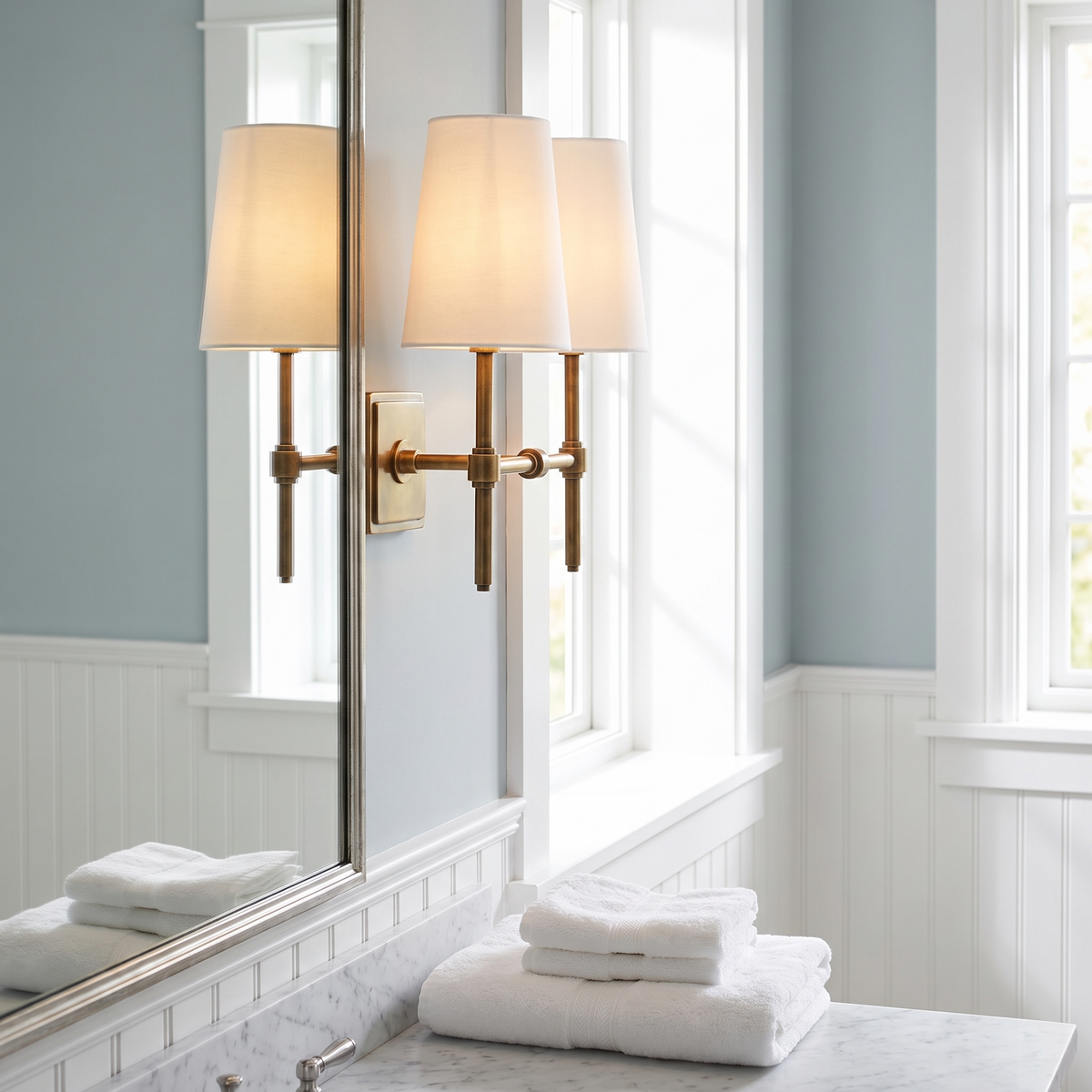 Rowan Linen Shade Brass Wall Lamp beside a bathroom mirror