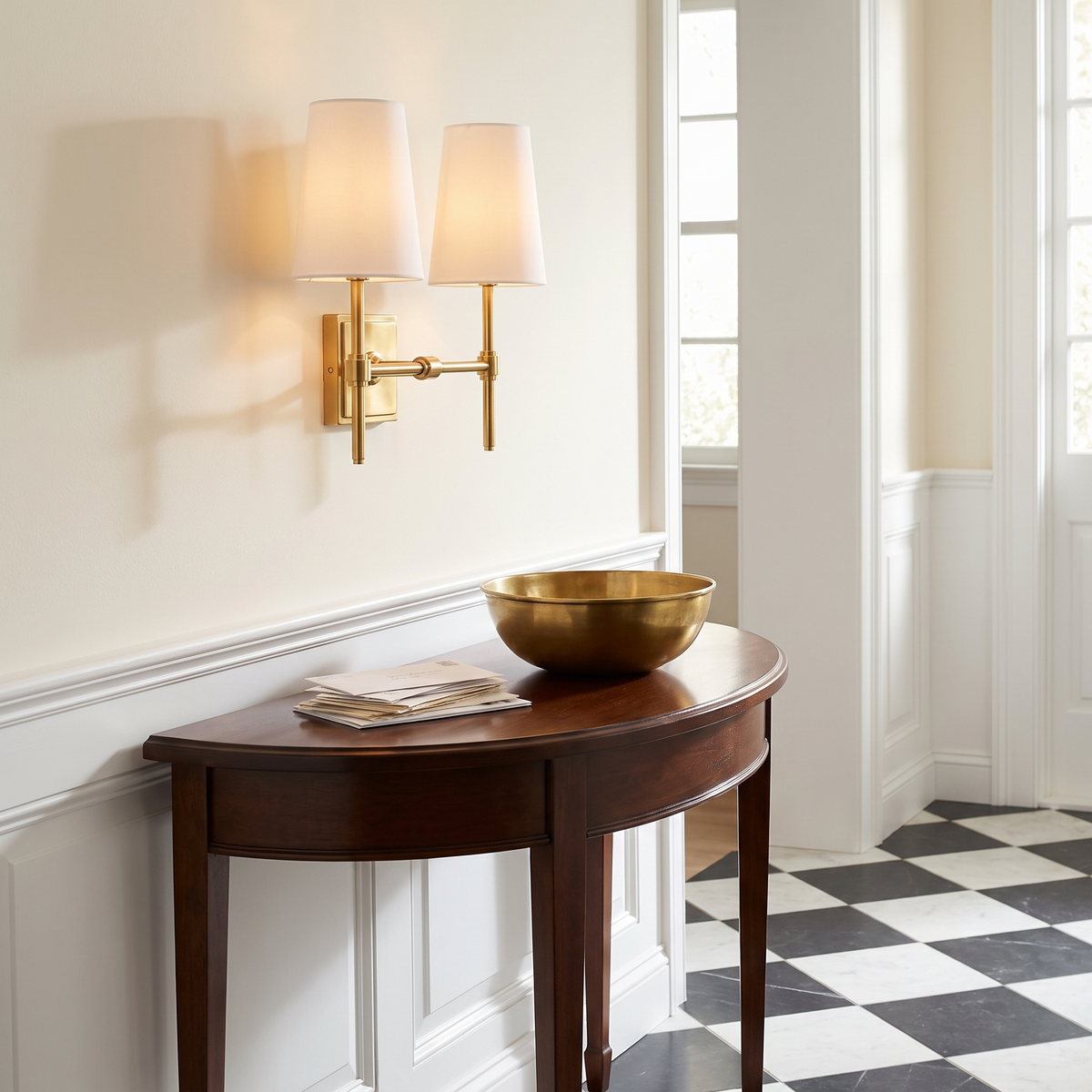 Rowan Linen Shade Brass Wall Lamp in an entry hall