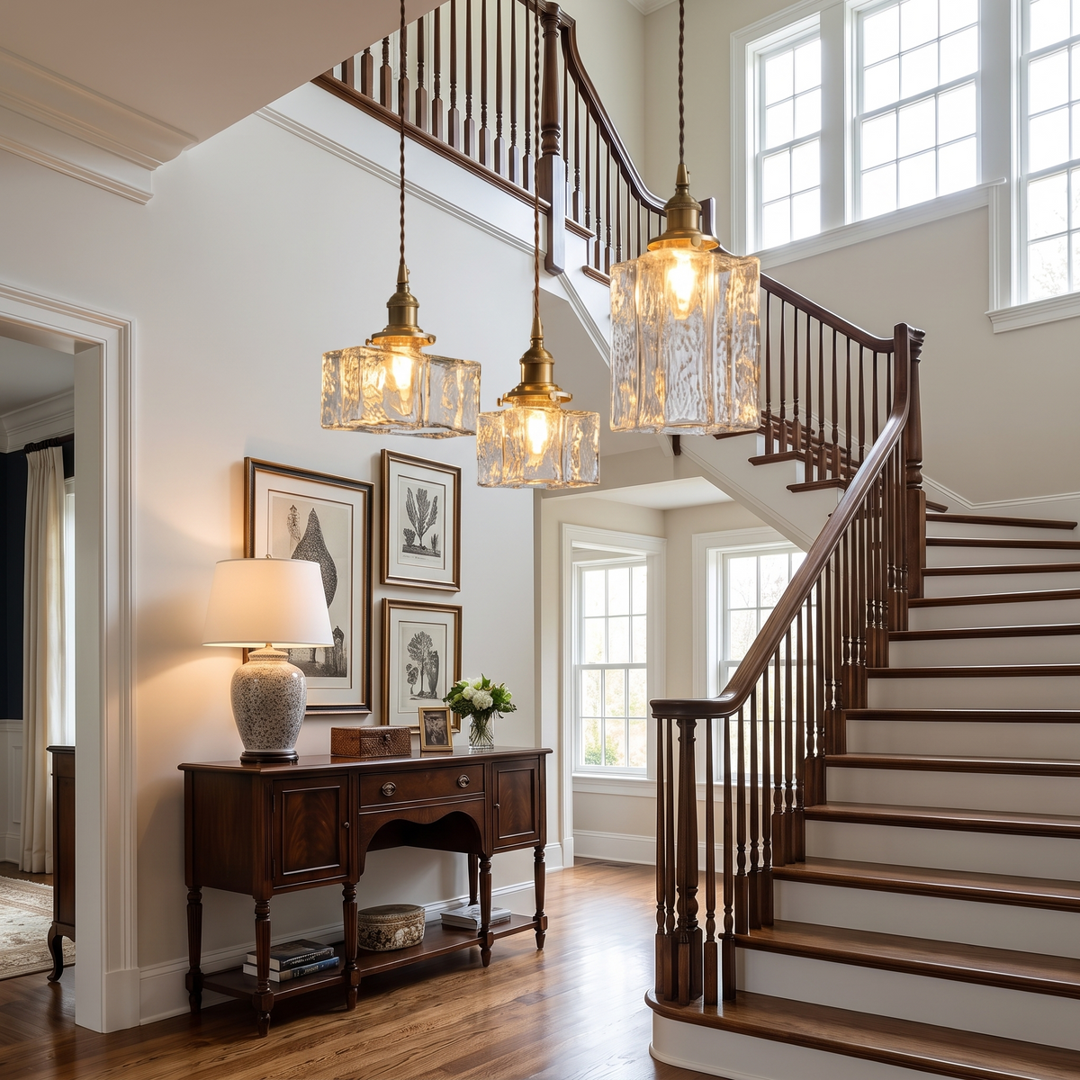 Ripple Glass Pendant Light in a two-story entry foyer