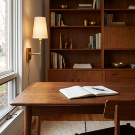 Rowan Linen Shade Brass Wall Lamp in a home office