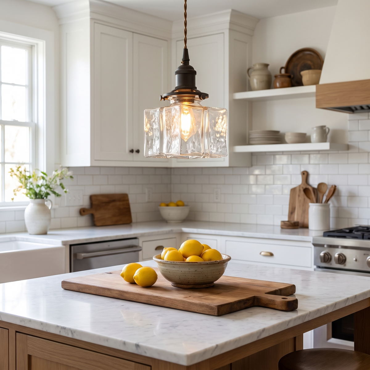 Ripple Glass Iron Pendant Light above a kitchen island