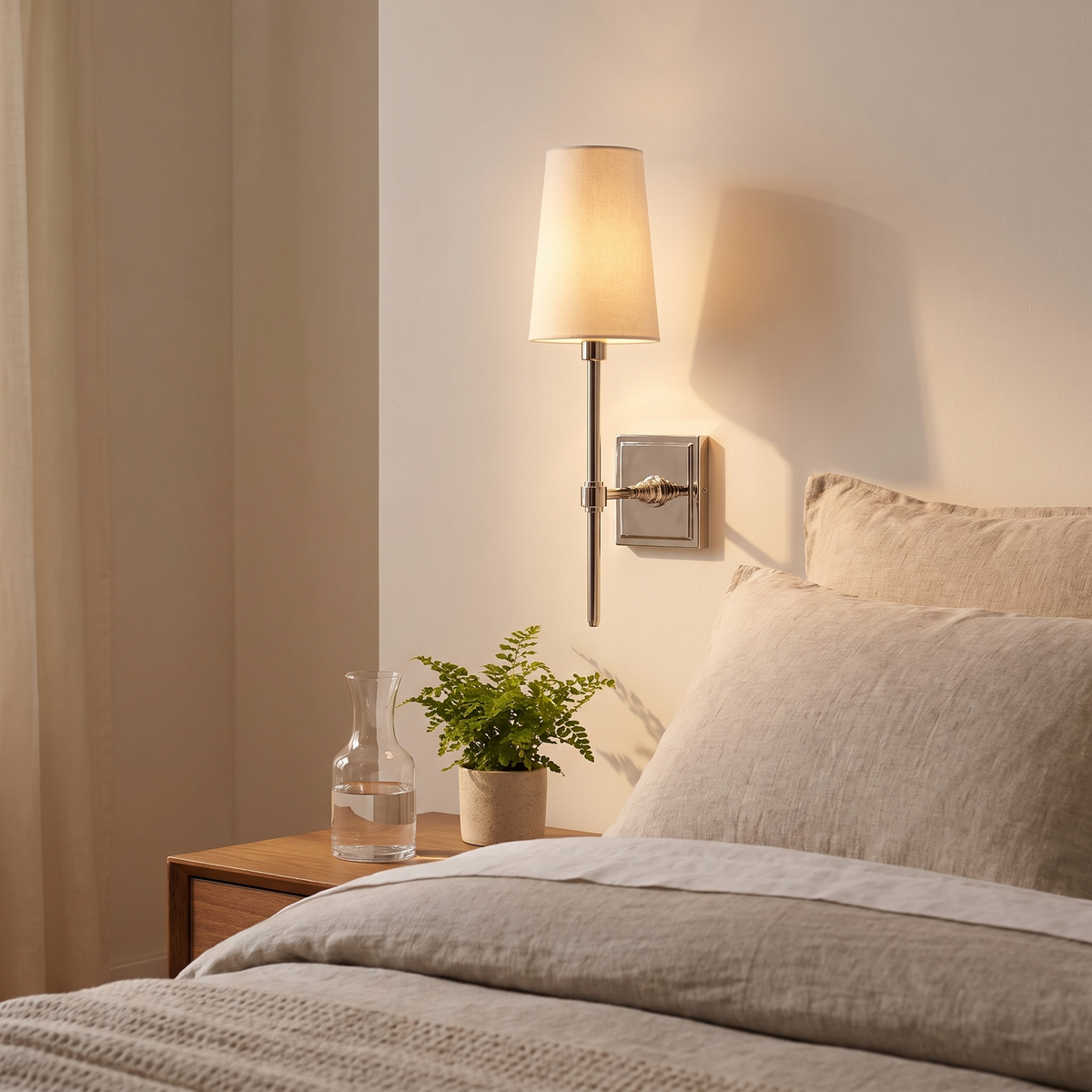 Rowan Linen Shade Brass Wall Lamp above a bedroom nightstand