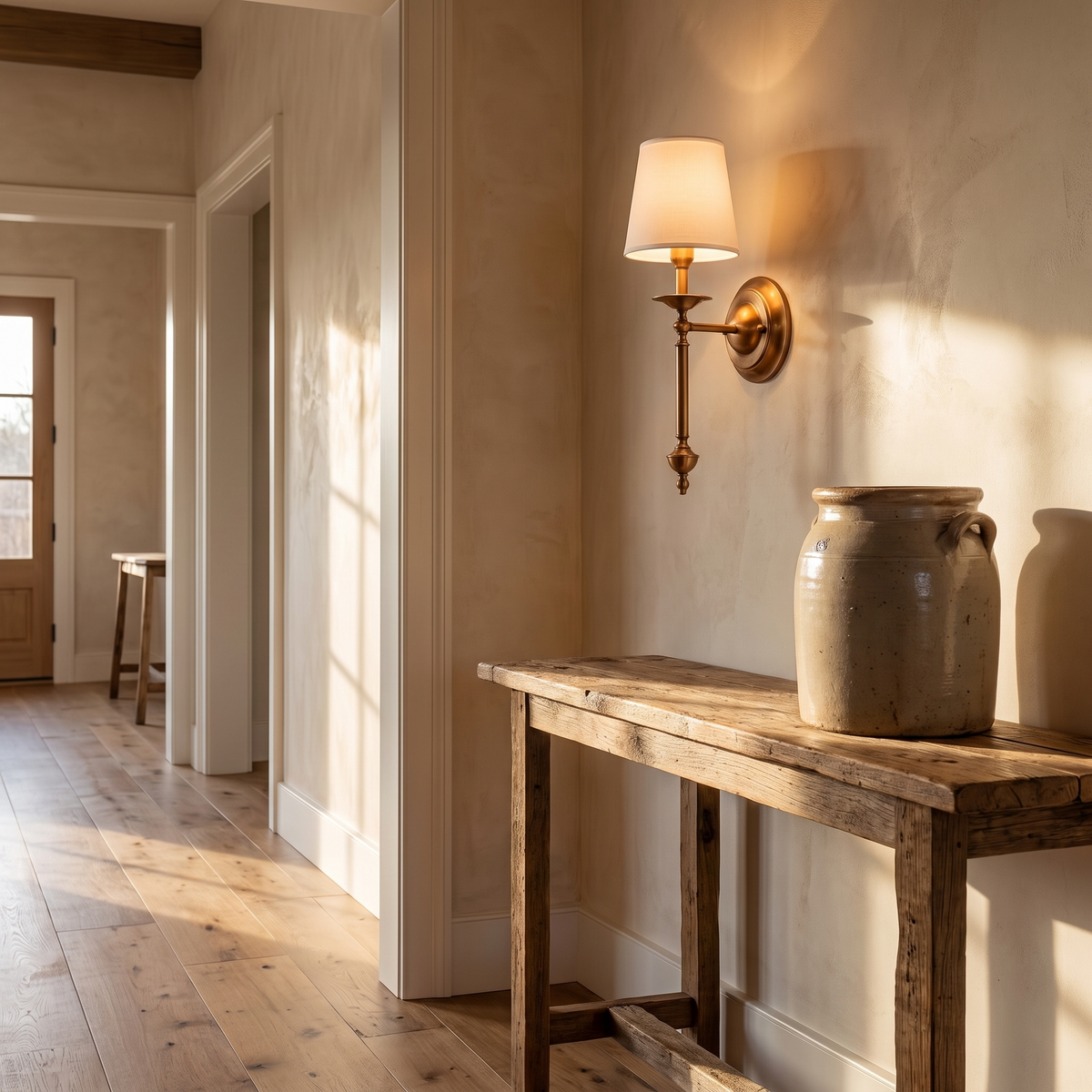 Rowan Antique Copper Wall Sconce in an entry hallway