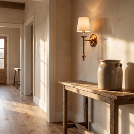 Rowan Antique Copper Wall Sconce in an entry hallway