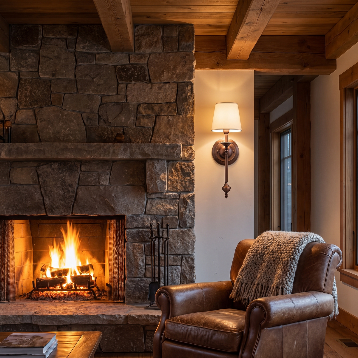 Rowan Antique Copper Wall Sconce beside a stone fireplace