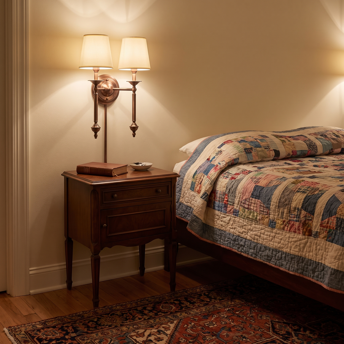 Rowan Antique Copper Wall Sconce above a bedroom nightstand