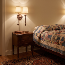 Rowan Antique Copper Wall Sconce above a bedroom nightstand